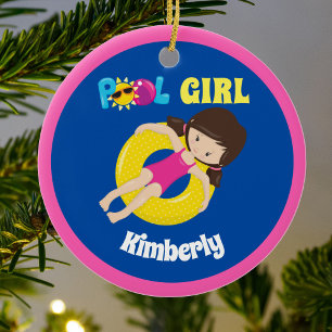 Cute Swimming Pool Girl Custom Pink Blue Keramisch Ornament