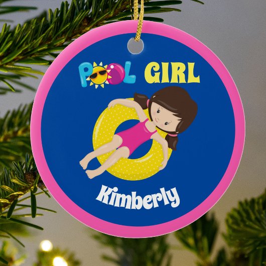 Cute Swimming Pool Girl Custom Pink Blue Keramisch Ornament