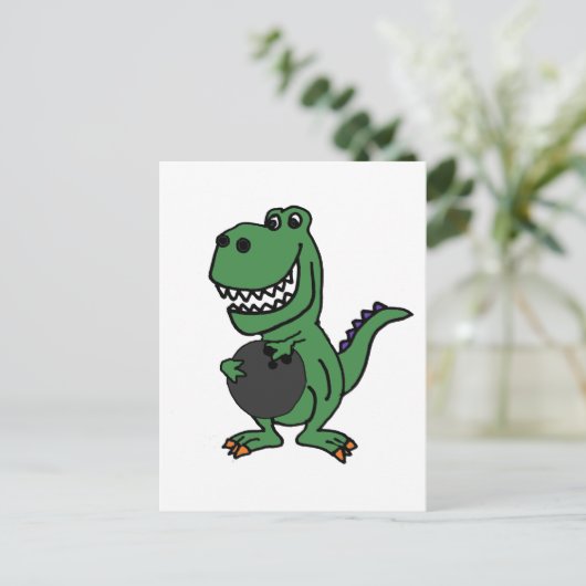 Cute T-rex Dinosaur Bowling Cartoon Briefkaart (Staand voorkant)
