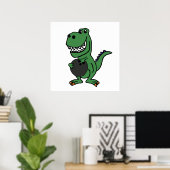 Cute T-rex Dinosaur Bowling Cartoon Poster (Thuiskantoor)