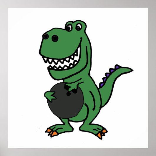 Cute T-rex Dinosaur Bowling Cartoon Poster (Voorkant)
