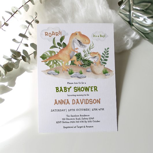Cute T-Rex Dinosaur Boy Baby shower Kaart