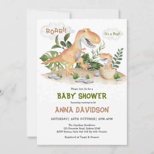 Cute T-Rex Dinosaur Boy Baby shower Kaart (Voorkant)