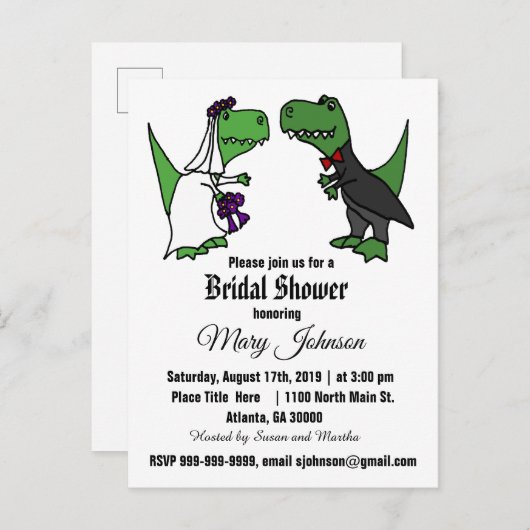 Cute T-rex Dinosaur Bride en Groom Vrijgezellenfee Uitnodiging Briefkaart (Voorkant / Achterkant)