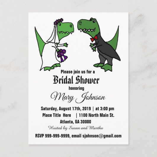Cute T-rex Dinosaur Bride en Groom Vrijgezellenfee Uitnodiging Briefkaart (Voorkant)