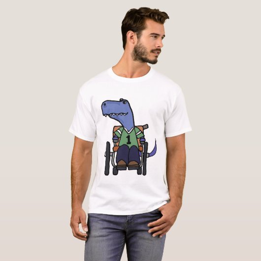 Cute T-rex Dinosaur in rolstoelCartoon T-shirt (Voorkant volledig)