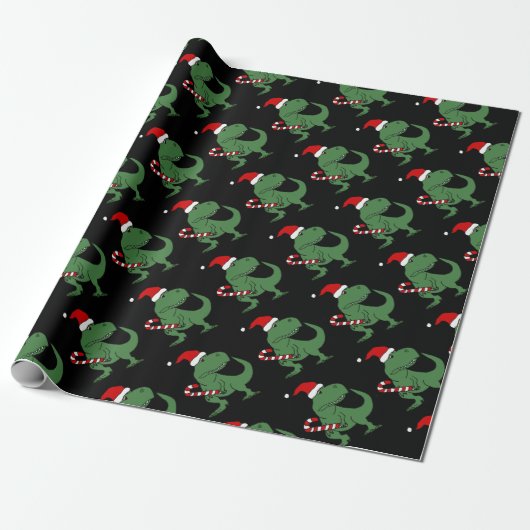 Cute T-rex Dinosaur in Santa Hat-kerstkunst Cadeaupapier (Uitgerold)