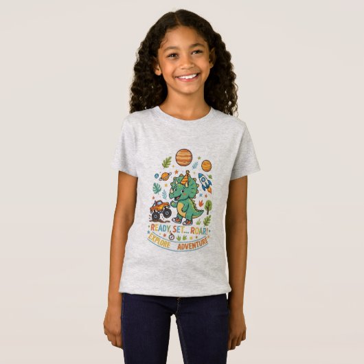 Cute T-Rex Dinosaur Ready Set Roar Adventure Kids T-shirt (Voorkant volledig)
