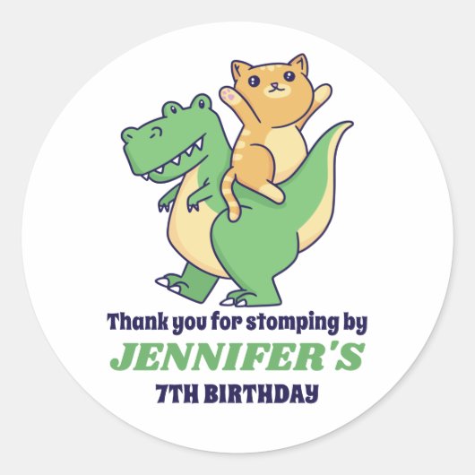 Cute T-Rex en Cat Kids Birthday Party Ronde Sticker (Voorkant)
