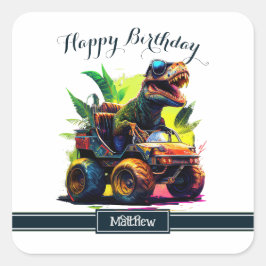 Cute T-Rex Riding Monster Truck Dinosaur Birthday Vierkante Sticker