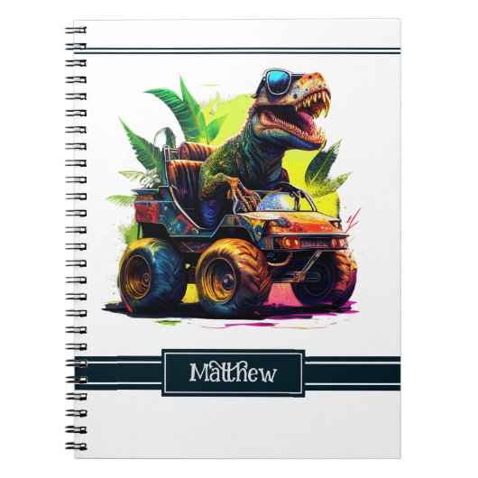 Cute T-Rex Riding Monster Truck Dinosaur Name Notitieboek (Voorkant)