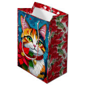 Cute Tabby Cat and Poinsettia Christmas Medium Cadeauzakje (Voorkant Gekanteld)