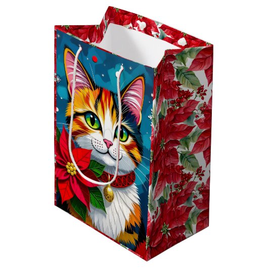 Cute Tabby Cat and Poinsettia Christmas Medium Cadeauzakje (Voorkant Gekanteld)