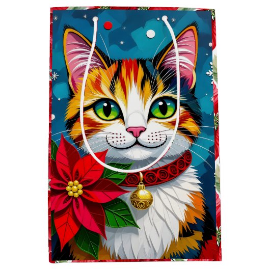Cute Tabby Cat and Poinsettia Christmas Medium Cadeauzakje (Voorkant)