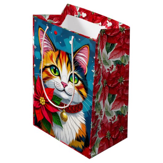 Cute Tabby Cat and Poinsettia Christmas Medium Cadeauzakje (Achterkant Gekanteld)