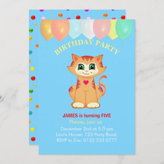 Cute Tabby Cat, Balloons en Confetti Birthday Kaart (Voorkant / Achterkant)