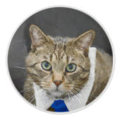 Cute Tabby Cat Brown Grey Elegant Blue Stropdas Keramische Knop (Voorkant)