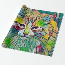 Cute Tabby Cat Colorful Green Blue Art
