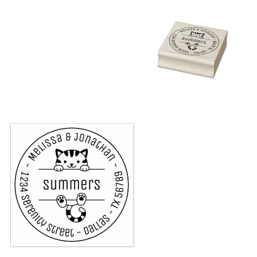 Cute Tabby Cat Couple Family Round Address Rubberstempel (Gestempeld)