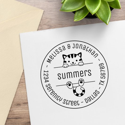 Cute Tabby Cat Couple Family Round Address Rubberstempel