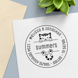 Cute Tabby Cat Couple Family Round Address Zelfinktende Stempel