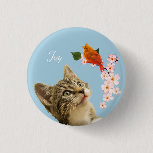 Cute Tabby Cat, Flowers en Red Little Bird Ronde Button 3,2 Cm