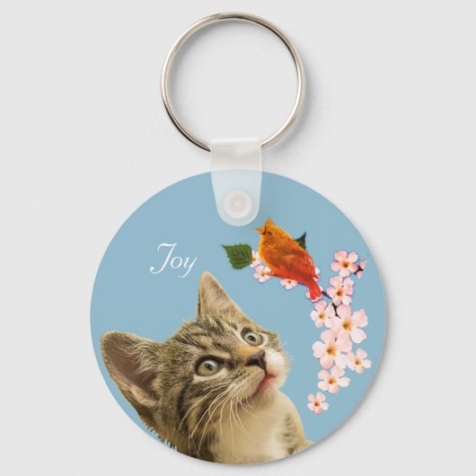 Cute Tabby Cat, Flowers en Red Little Bird Sleutelhanger (Voorkant)