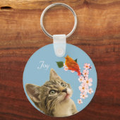 Cute Tabby Cat, Flowers en Red Little Bird Sleutelhanger (Voorkant)
