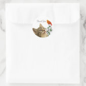 Cute Tabby Cat, Flowers & Little Bird Bedankt Cl Ronde Sticker (Tas)