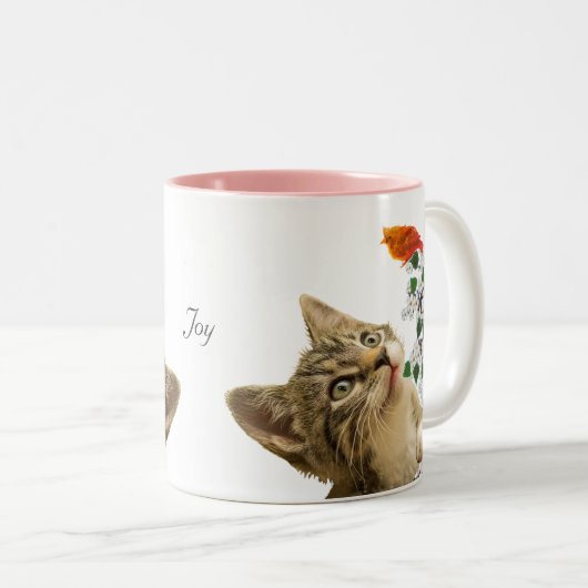 Cute Tabby Cat, Flowers & Little Bird Tweekleurige Koffiemok (Voorkant rechts)