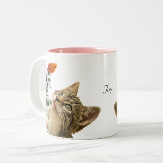 Cute Tabby Cat, Flowers & Little Bird Tweekleurige Koffiemok (Voorkant links)