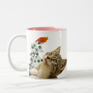 Cute Tabby Cat, Flowers & Little Bird Tweekleurige Koffiemok
