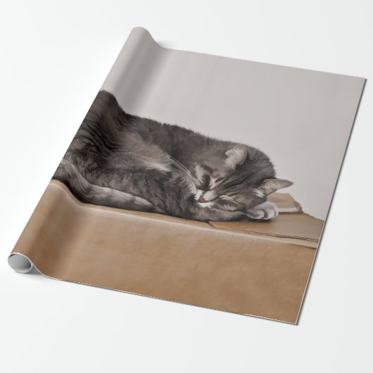 Cute Tabby Cat Gray Slaping Box Cadeaupapier (Uitgerold)