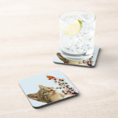 Cute Tabby Cat & Little Bird on Light Blue Bier Onderzetter (Rechterzijde)