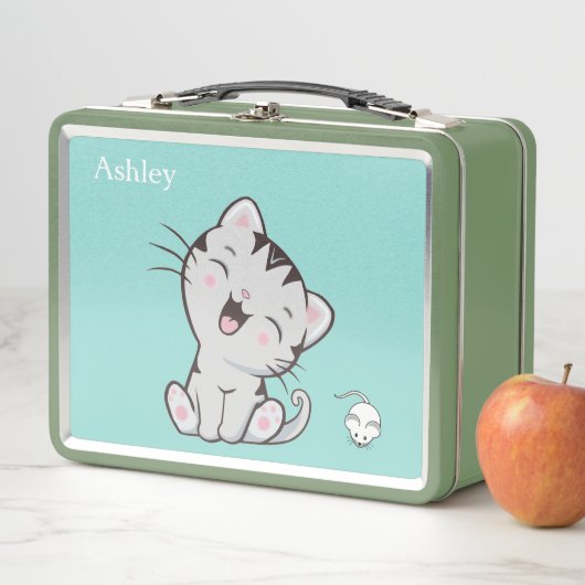 Cute Tabby Cat & Mouse on Light Blue (In situ)