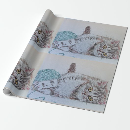 Cute Tabby Cat Navy Blue Colorful art Wrapping Cadeaupapier (Uitgerold)