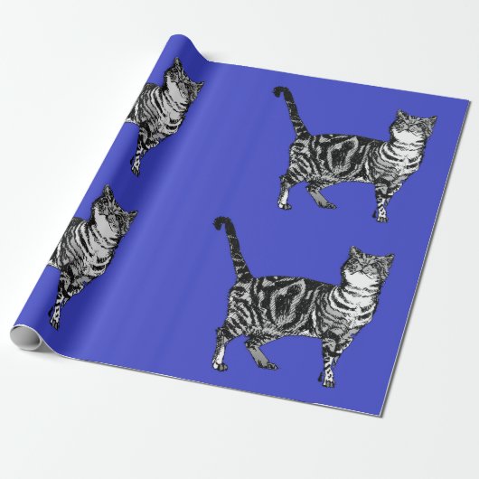 Cute Tabby Cat Navy Blue Colorful art Wrapping Cadeaupapier (Uitgerold)