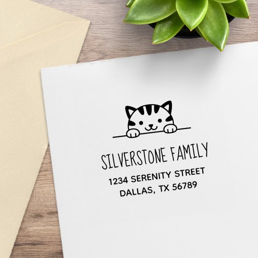 Cute Tabby Cat Peeking boven Familie Adres 2 Rubberstempel