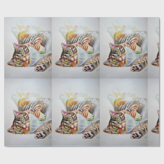 Cute Tabby Cat Spelling Art Waterverf Wrapping Cadeaupapier (Vlak)