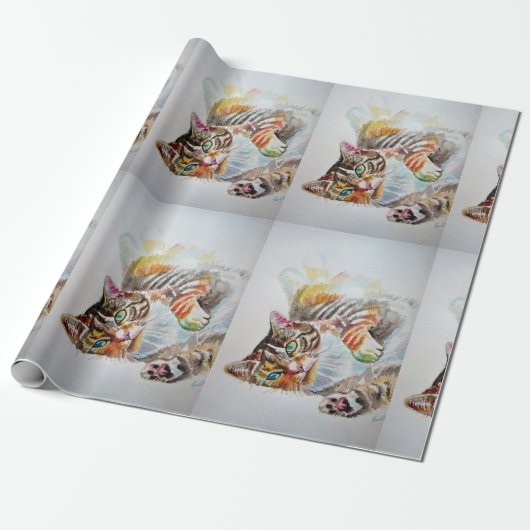 Cute Tabby Cat Spelling Art Waterverf Wrapping Cadeaupapier (Uitgerold)