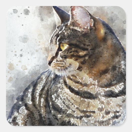 Cute Tabby Cat Waterverf Art Vierkante Sticker (Voorkant)