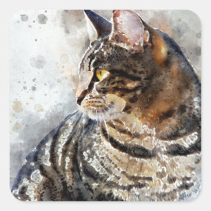 Cute Tabby Cat Waterverf Art Vierkante Sticker