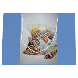 Cute Tabby Cat Waterverf blue cats Gift Bag Groot Cadeauzakje
