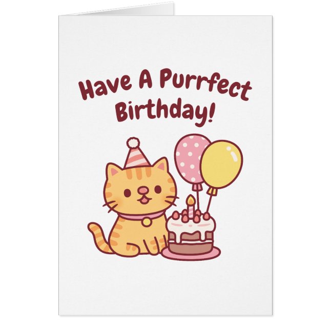 Cute Tabby Cat With Cake Purrfect Birthday Funny (Voorkant)
