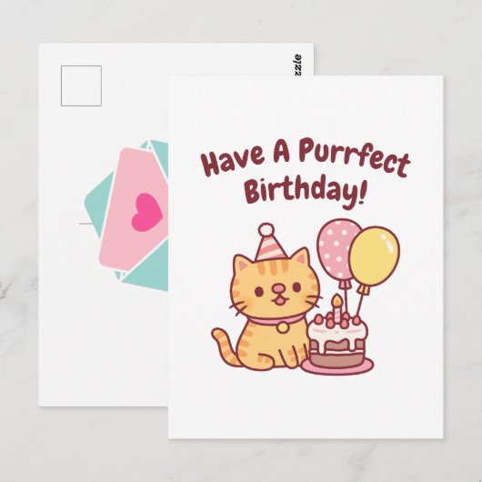 Cute Tabby Cat With Cake Purrfect Birthday Funny Briefkaart (Voorkant / Achterkant)