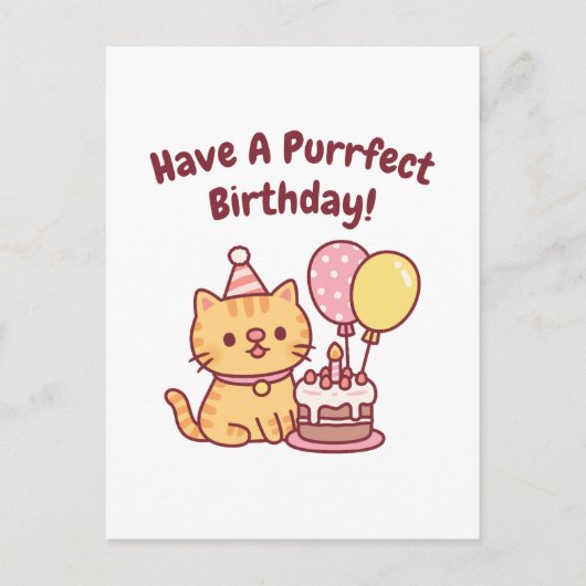 Cute Tabby Cat With Cake Purrfect Birthday Funny Briefkaart (Voorkant)