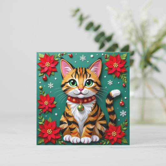 Cute Tabby Cat with Poinsettias Custom Christmas Feestdagenkaart (Staand voorkant)