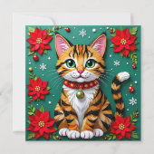 Cute Tabby Cat with Poinsettias Custom Christmas Feestdagenkaart (Voorkant)