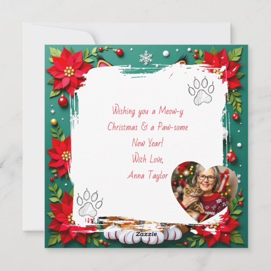 Cute Tabby Cat with Poinsettias Custom Christmas Feestdagenkaart (Achterkant)