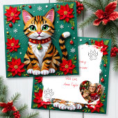 Cute Tabby Cat with Poinsettias Custom Christmas Feestdagenkaart